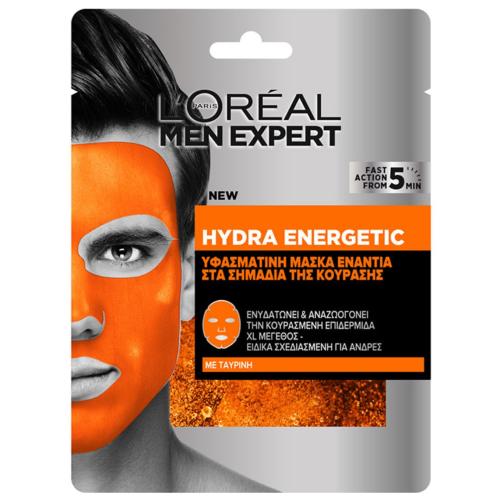 L'oreal Paris Men Expert Hydra Energetic Tissue Mask Ενυδατική & Αναζωογονητική Ανδρική Υφασμάτινη Μάσκα Προσώπου με Ταυρίνη 1x30g